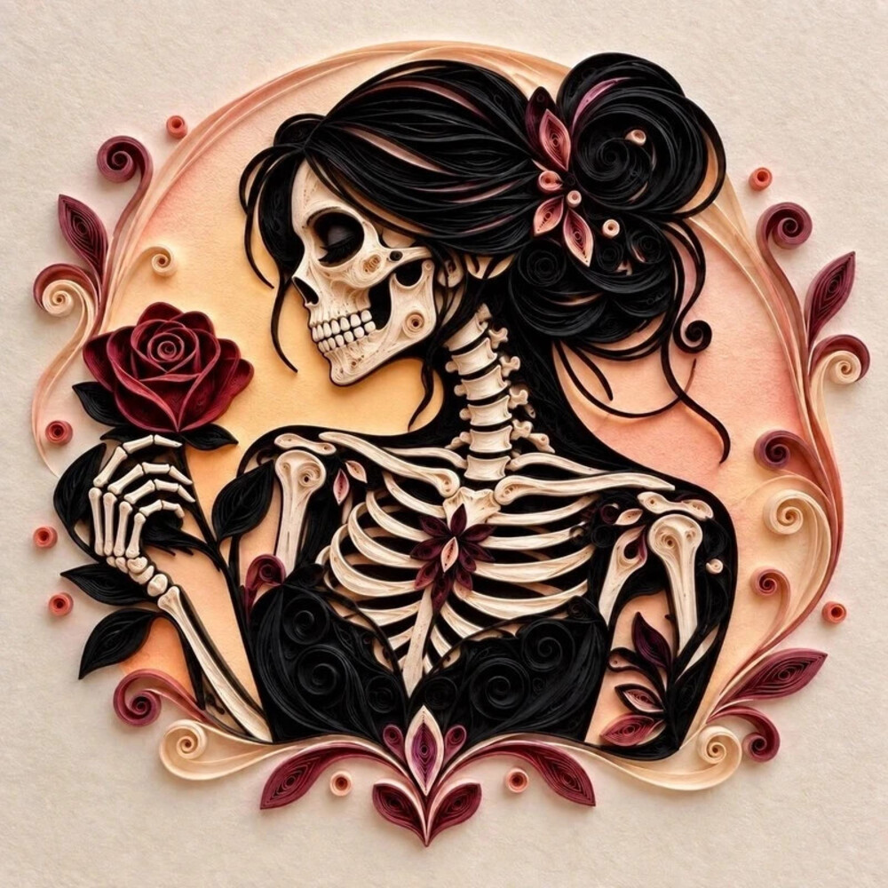 8x8 Framed Skeleton Woman with Red Rose Quilling Art Print
